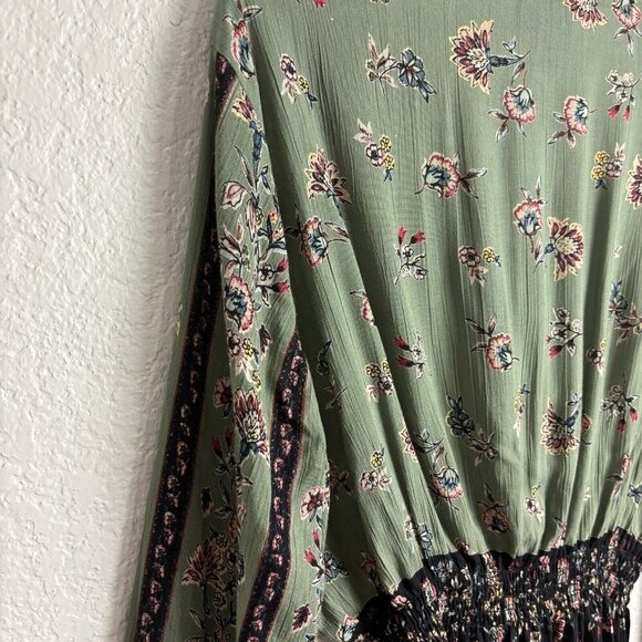 Angie Floral Boho Plunge Neck Blouse Olive Green Small Cottagecore Smocked Fall - Picture 8 of 10